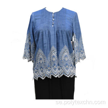 Tencel Denim Bordering Embroidery Blouse för kvinnor